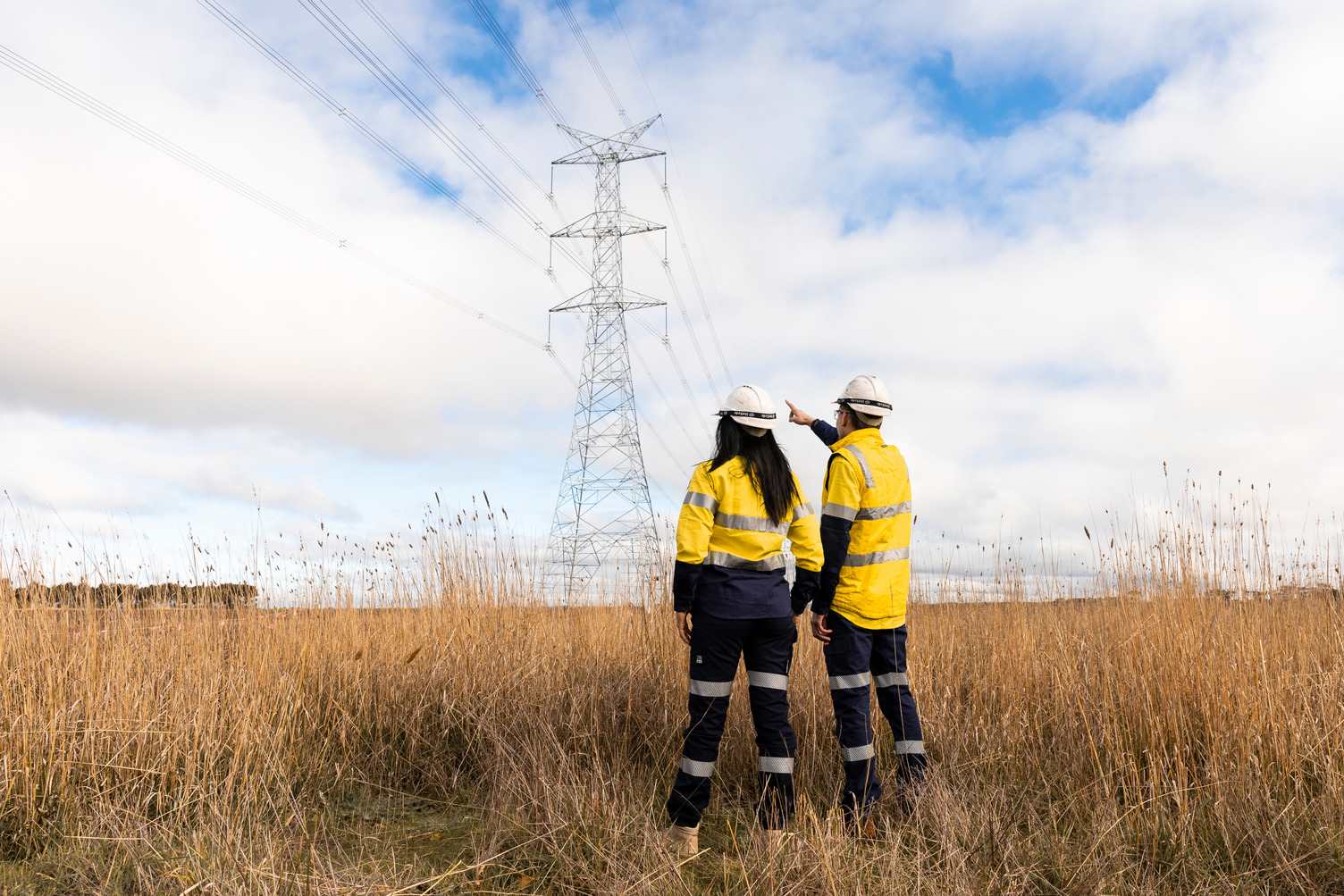Two people in high vis clothing looking at a transmission tower