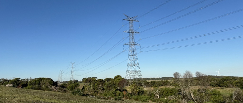 A row of large transmission towers on a clear day