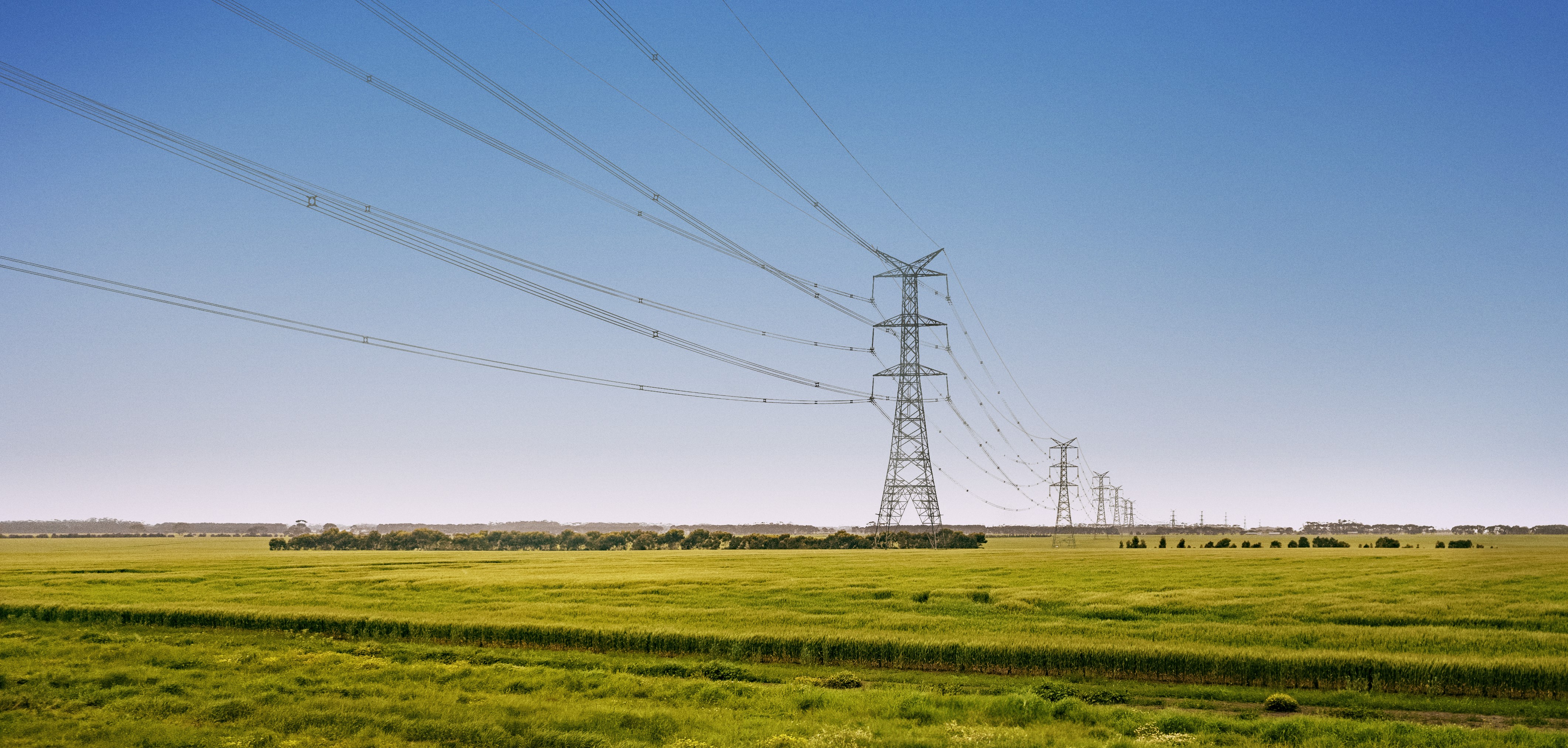 Large electricity transmission towers running across a field